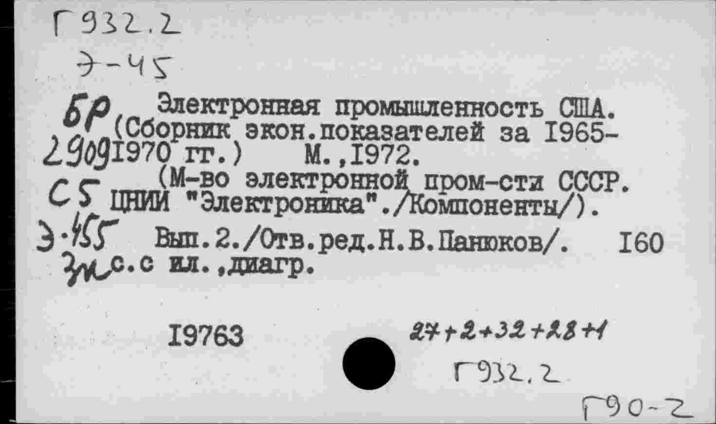 ﻿Ср Электронная промышленность США. ,7/’(Сборник экон.показателей за 1965-23041970 ГГ.) М. ,1972.
г с (М-во электронной пром-сти СССР.
ЦНИИ "Электроника"./Компоненты/).
Вып.2./0тв.ред.Н.В.Панюков/. 160 Хо-С.с ил.,диагр.
19763
ф ГЭЗ!.!.